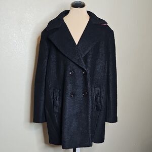 Kate Spade XXL Black Wool Blend Double Breasted Pea Coat With Bow Welt Pockets